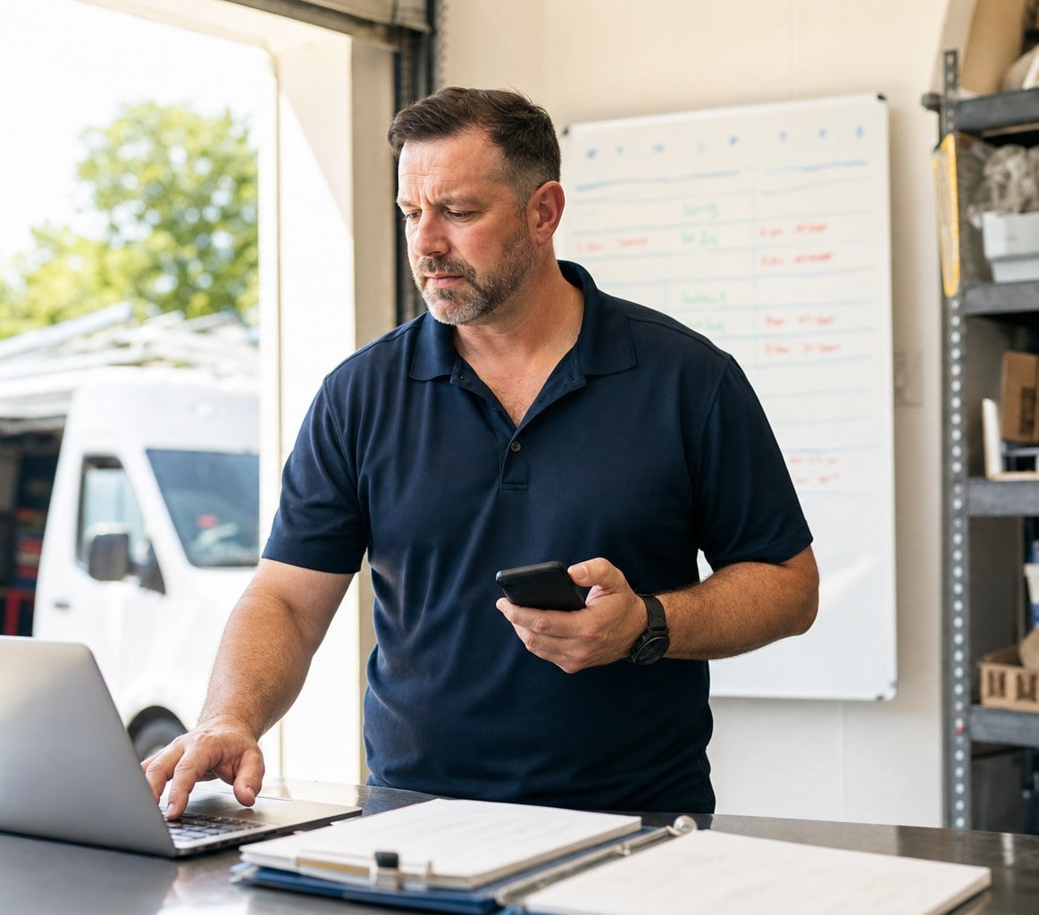 The owner of a home-services company working at the counter of their shop