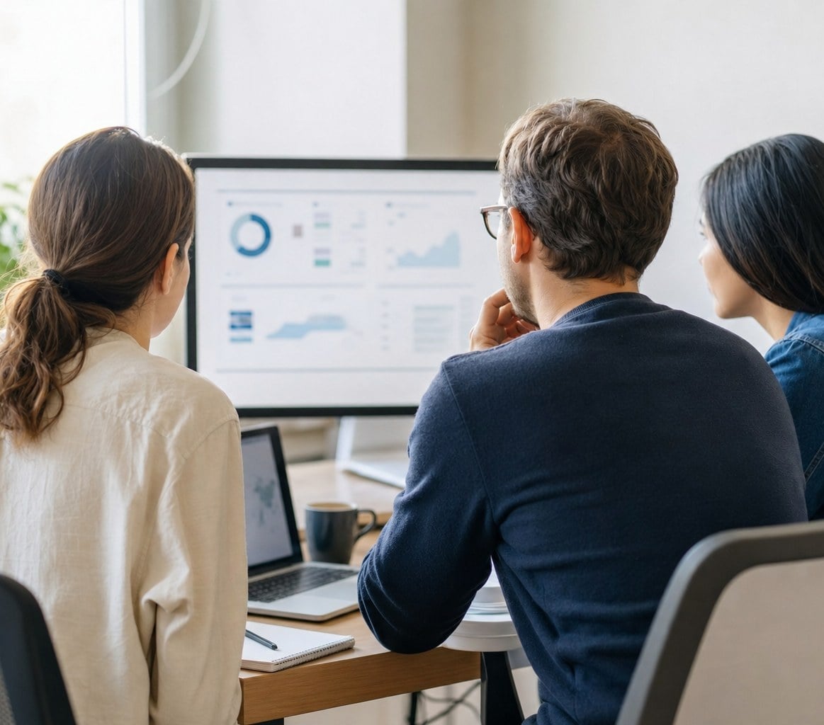 Three people working together at a desk in front of a dashboard