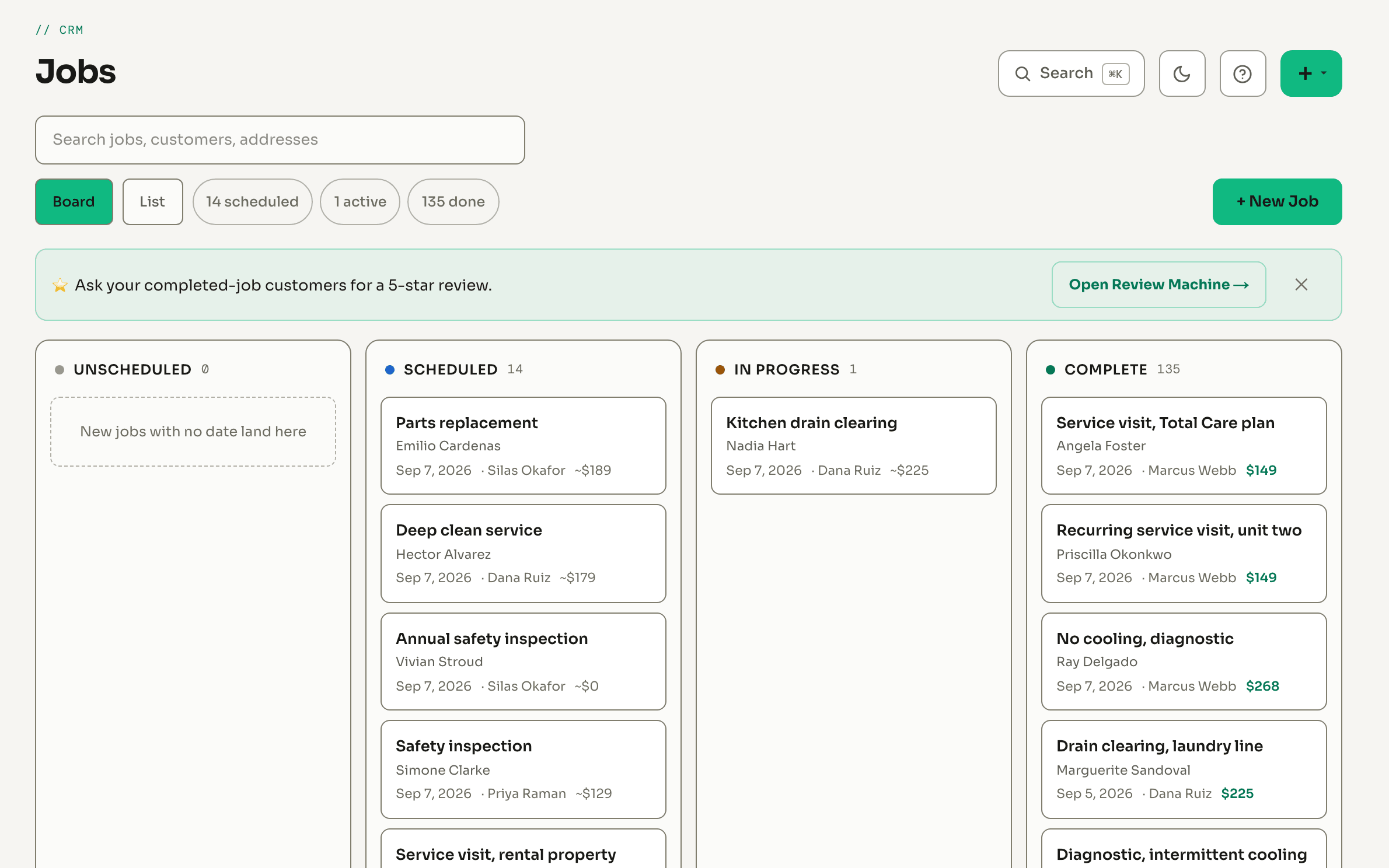 The Corex CRM jobs board: scheduled, in progress and complete columns with real jobs