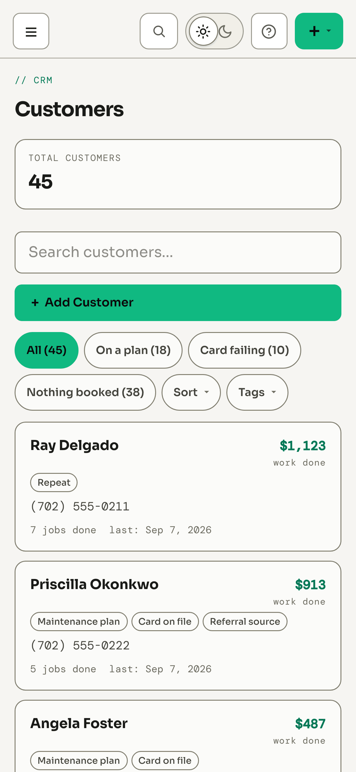 The Corex CRM customers list on a phone: 45 customers, revenue per customer, and who has nothing booked