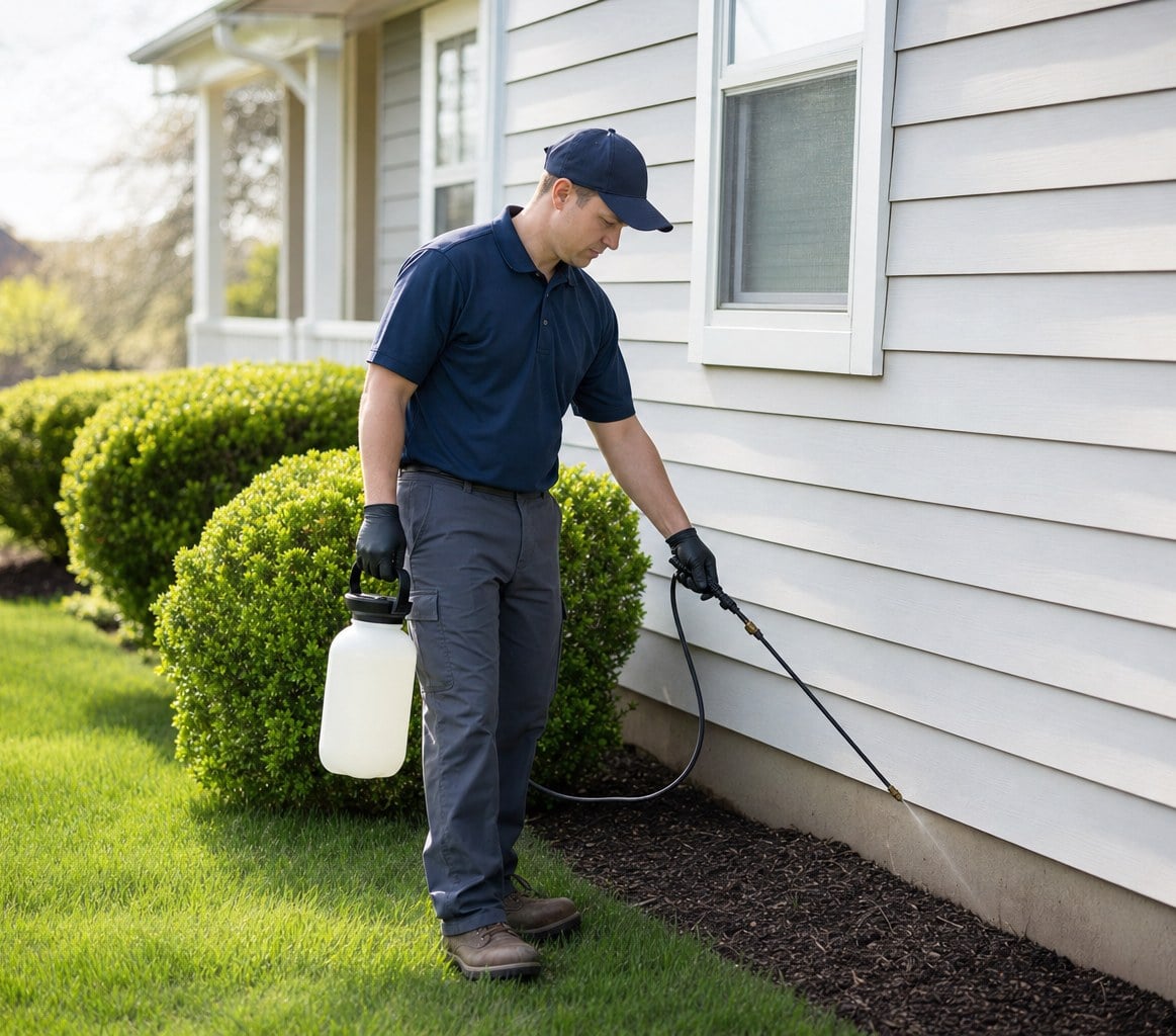 A pest technician treating a window frame inside a home