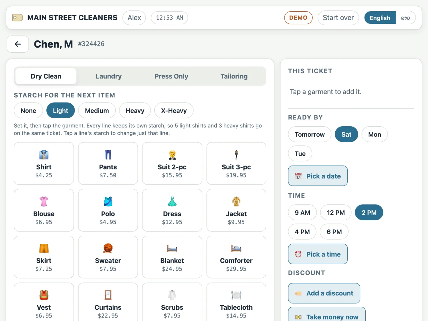 The dry cleaner POS drop-off screen: garment tiles with prices, starch levels, a ready-by day and time and a discount button