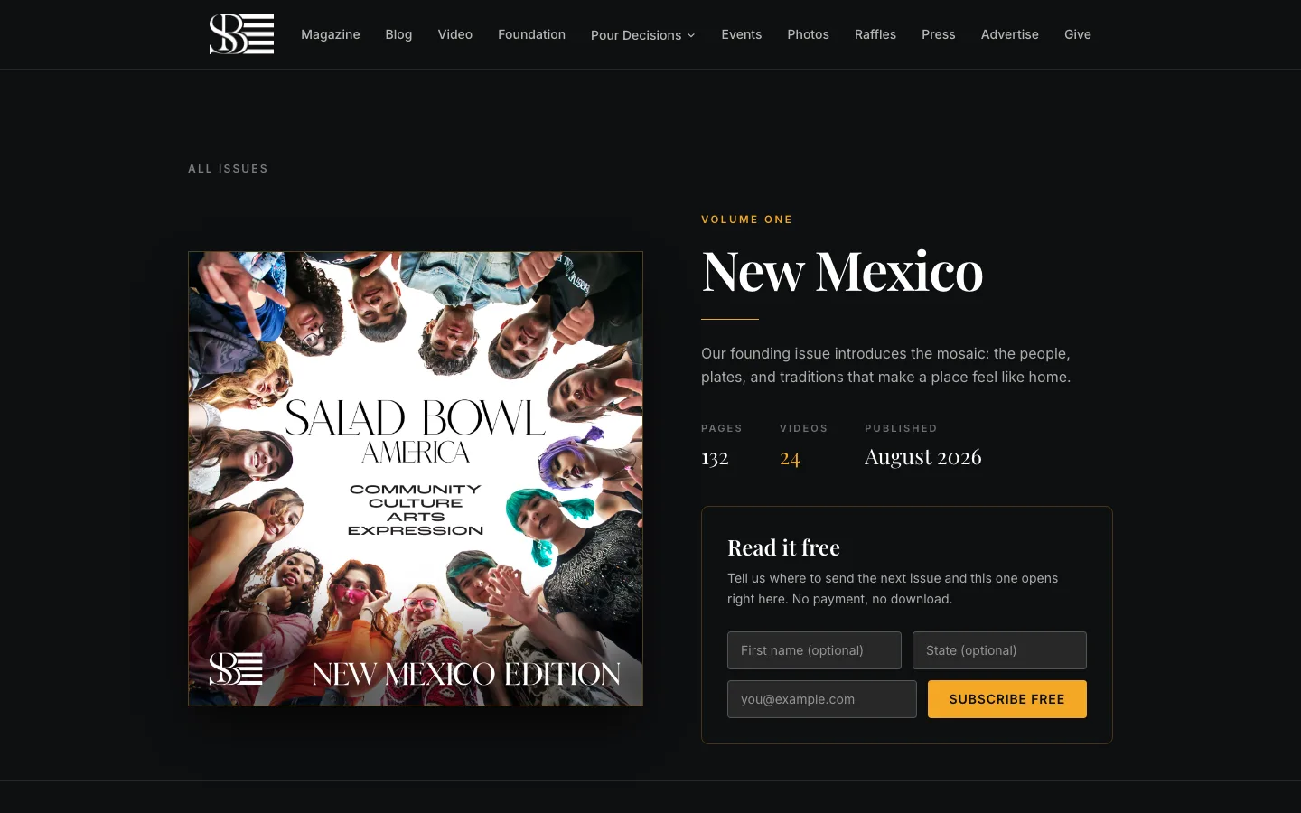 Salad Bowl America magazine page showing the New Mexico edition cover and a free subscribe form