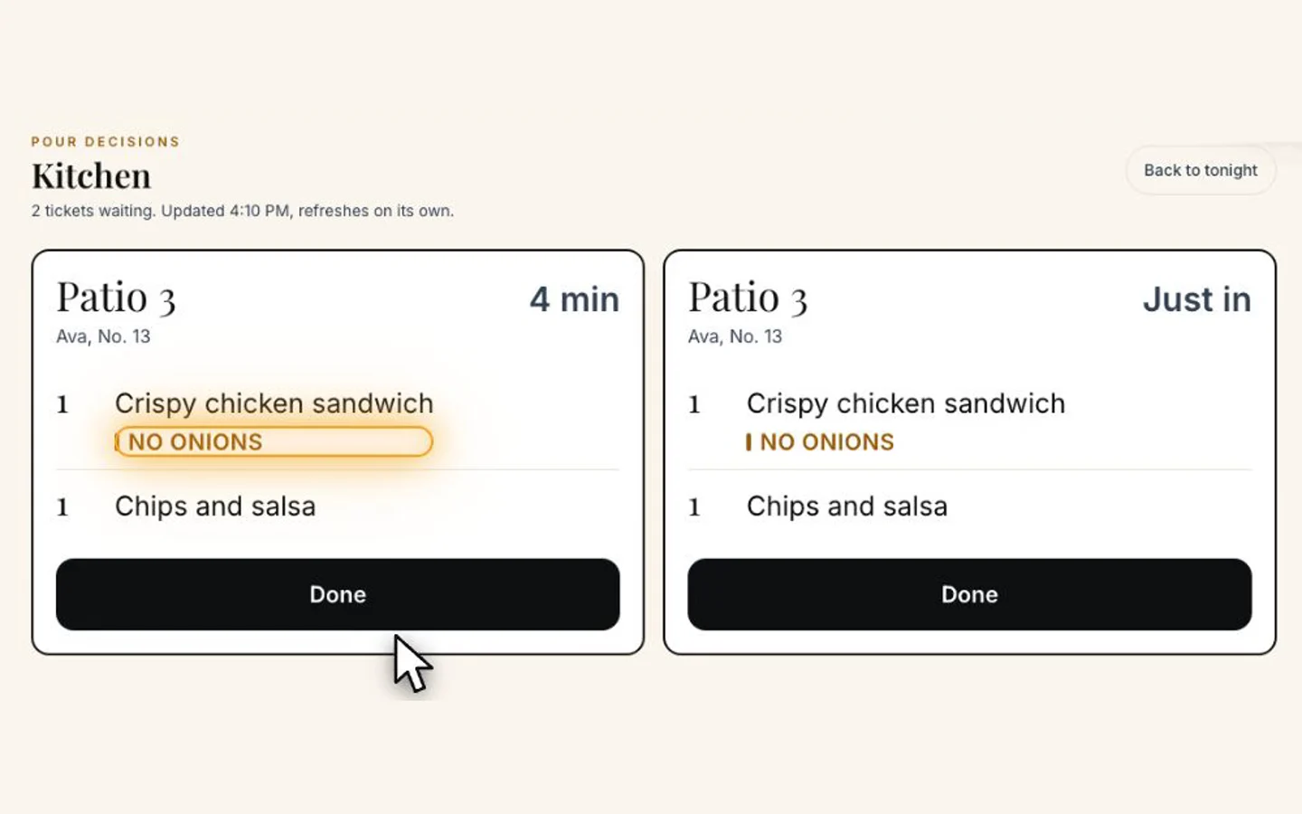 Salad Bowl America's kitchen screen showing an open food order on a practice tab