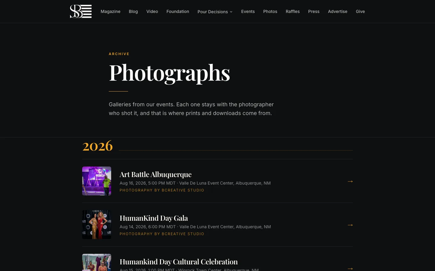 Photographs archive listing Art Battle Albuquerque, HumanKind Day Gala and other 2026 events