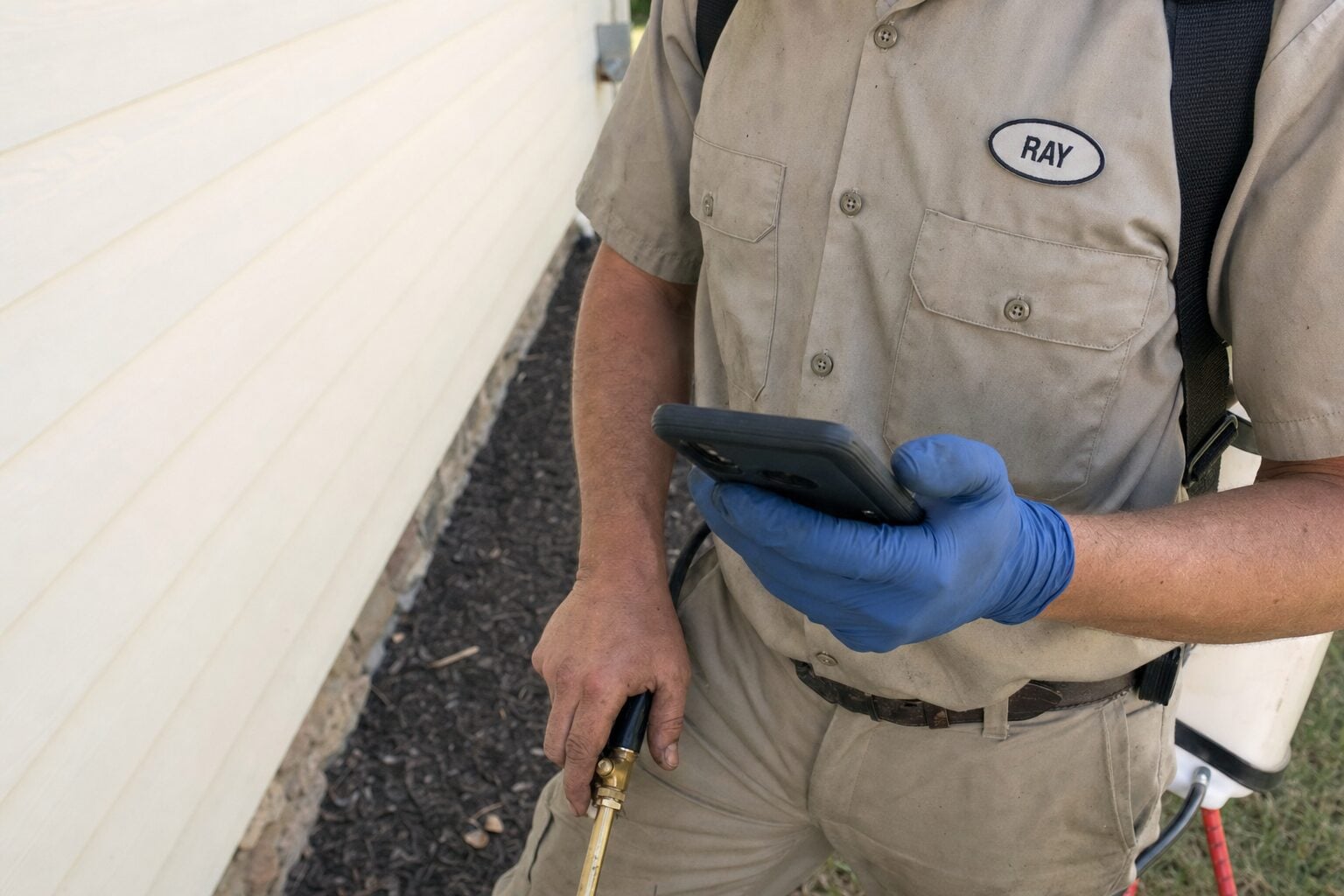 A pest control technician holding his phone, a backpack sprayer wand in his other hand at the foundation line of a house