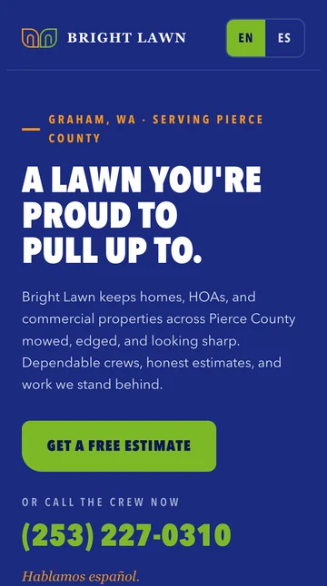 Bright Lawn on a phone in English: A lawn you’re proud to pull up to, with a Get a free estimate button
