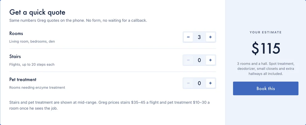 Caring Carpet Care’s quick quote: three rooms, no stairs, no pet treatment, an estimate of $115 and a Book this button