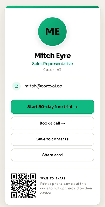 A digital business card on a phone: name, title and email, buttons to book a call, save to contacts and share, and a QR code