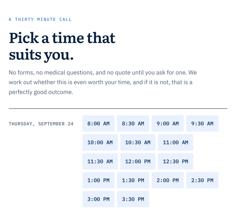 Sparber Insurance’s booking page: Pick a time that suits you, with half-hour slots from 8:00 AM to 3:30 PM